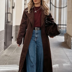 Women’s Brown Suede Leather Trench Coat – Vintage Western Style, Elegant Formal Outerwear, Genuine Suede, Perfect Gift for Her