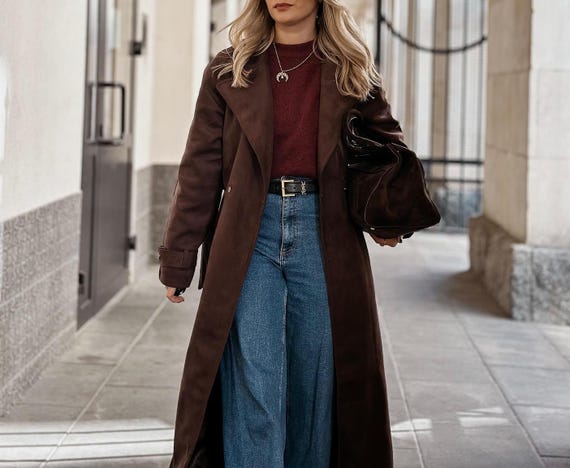 Trench Coat Feminino em Camurça Marrom – Estilo Western Vintage - Main Image