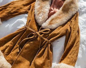 Cappotto Penny Lane marrone donna – Giacca maxi in pelle scamosciata con pelliccia, cappotto boho retrò hippie festival invernale