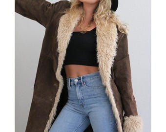 Abrigo Afgano de Gamuza Marrón para Mujer, Abrigo Vintage Penny Lane de los 90 Hecho a Mano, Abrigo Retro de Invierno, Regalo Ideal