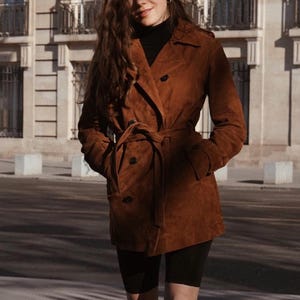 Vintage Brown Suede Leather Overcoat for Women – Double Breasted Western Trench Coat, Handmade Winter Jacket, Oversized Gift for Her