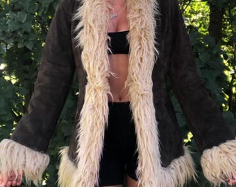 Abrigo de mujer de ante negro con shearling – Estilo Penny Lane de los 90, abrigo invernal de piel de oveja, regalo ideal de Navidad