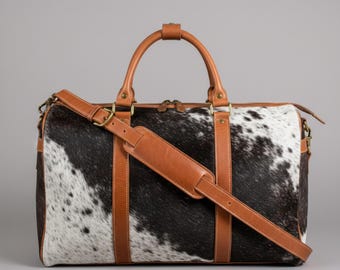 Borsa da viaggio in pelle di vacchetta con pelo / Borsa da viaggio per il weekend fatta a mano