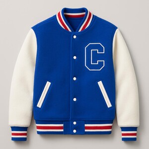 Blå & vit Varsity Letterman-jacka | Klassisk collegebomberjacka med "C"-märke