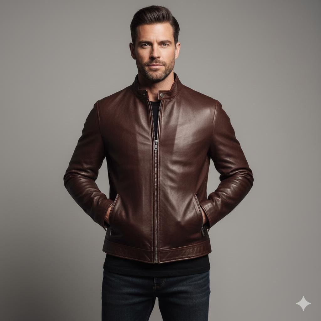 メンズ クラシックブラウン本革バイカージャケット - スリムフィット