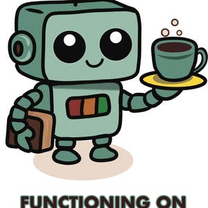Könnte beinhalten: Illustration eines türkisfarbenen Roboters, der eine Kaffeetasse auf einer gelben Untertasse und einen Stapel Bücher hält. Der Roboter hat große Augen und ein lächelndes Gesicht. Der Text unten lautet "FUNCTIONING ON DREAMS AND SNACKS."