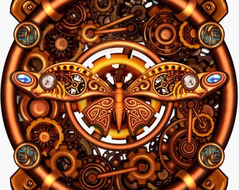 Steampunk Butterfly Gear Wall Art, Vintage Techno-Fantasy (Digital Print)
