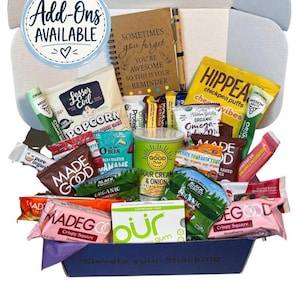 College Care Package, Snack Box with Notebook/Pen, Healthy and Inspirational, Personalized Card Included