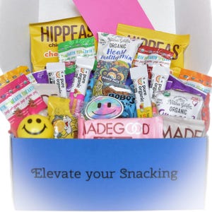 Boîte à collations Care Package avec carte personnalisable I En-cas sains et biologiques I Envoi de sourires pour fêter ça ou pour envoyer des cadeaux