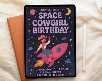 May include: A digital invitation for a Space Cowgirl Birthday. The design features a cowgirl riding a pink rocket ship against a dark blue starry background. The text includes the event details: date, time, address, and RSVP information.