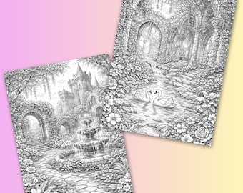 Enchanted Castle Coloring Pages – Grayscale Jungle Ruins (PDF Download, 4 Pcs.)