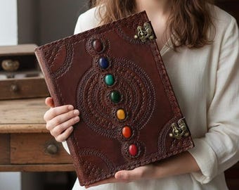 Hand-Embossed Leather Journal with Chakra Gemstones | Vintage Clasp Diary