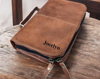 Handmade Personalized Leather Bible Cover, Vintage Brown Zippered Scripture Case