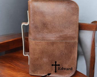 Personalized Full-Grain Leather Bible Cover, Zippered Vintage Brown Scripture Case