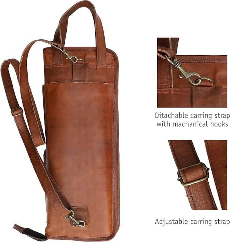 May include: A brown leather quiver with a detachable carrying strap and adjustable strap. The quiver has a handle and metal hardware. The image also shows close-ups of the strap attachments.