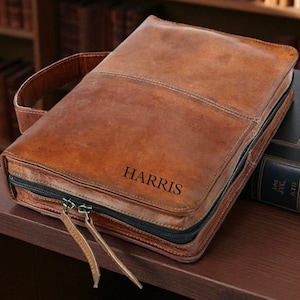 Personalized Full-Grain Leather Bible Cover with Handle & Zipper Pocket