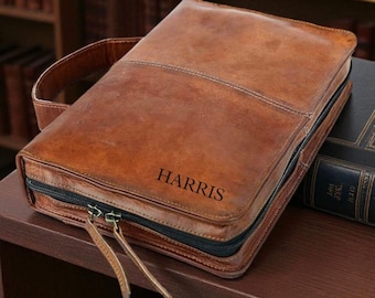 Personalized Full-Grain Leather Bible Cover with Handle & Zipper Pocket