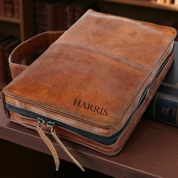 Personalized Full-Grain Leather Bible Cover with Handle & Zipper Pocket