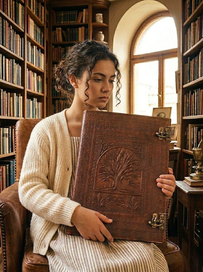 May include: A person holding a large, brown leather-bound book with a tree design. The book has metal clasps and is in a library setting with bookshelves and a window. The person is wearing a cream-coloured cardigan.
