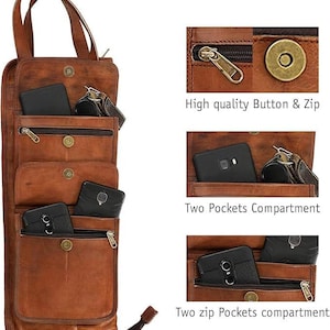 May include: A brown leather organizer with multiple pockets and a handle. The organizer has a zipper and button closure. The image shows the text "High quality Button & Zip" and "Two Pockets Compartment" and "Two zip Pockets compartment".