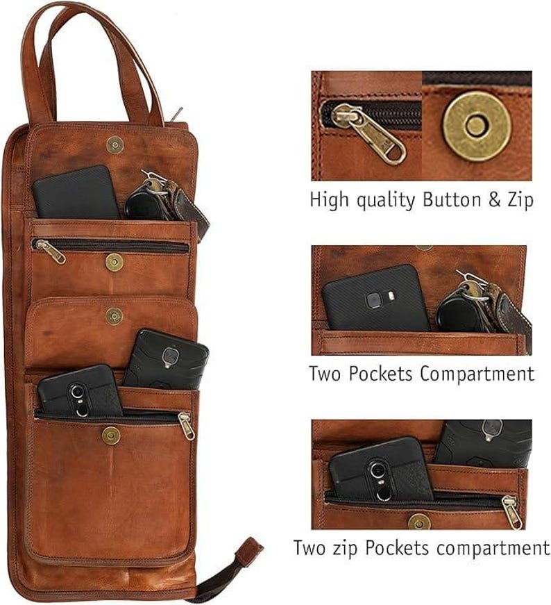 May include: A brown leather organizer with multiple pockets and a handle. The organizer has a zipper and button closure. The image shows the text "High quality Button & Zip" and "Two Pockets Compartment" and "Two zip Pockets compartment".