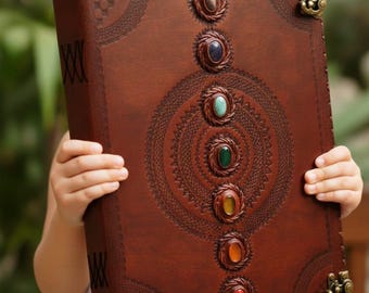 Handmade Leather Journal with Chakra Gemstones | Embossed Vintage Diary with Clasp