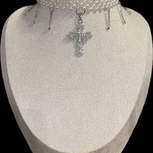 Pearl Cross Choker – Dainty Beaded Necklace, Faith Jewelry, Gothic Choker, Handmade Spiritual Necklace, Gift for Her