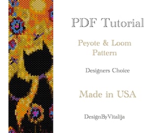 Peyote Beaded Tutorial Loom Work  Beaded Bracelet  Black Cat Pattern Bracelet Pattern Cuff Pattern PDF Tutorial Digital