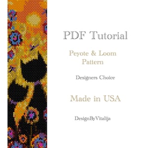 May include: A colorful beaded pattern of two cats in front of a sunset. The pattern is for peyote and loom beading. The text "PDF Tutorial", "Peyote & Loom Pattern", "Designers Choice", "Made in USA", and "DesignByVitalija" is included in the image.