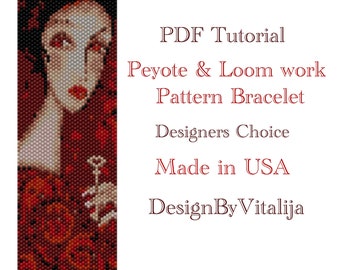 PDF Tutorial, Beaded Bracelet Pattern, Lady in Red Bracelet, Peyote pattern, Loom work pattern, Easy Download
