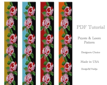 Peyote Beaded Tutorial Loom Work  Beaded Bracelet  Rose Pattern Bracelet Pattern Cuff Pattern PDF Tutorial Digital