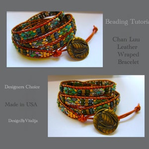 May include: A multi-layered beaded bracelet with a brown leather wrap and a bronze clasp. The bracelet features a variety of colors, including green, blue, gold, and brown. The bracelet is made in the USA. "Designers Choice" and "Design By Vitalija" are printed on the image.