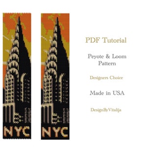 May include: A beading pattern for a New York City skyline bookmark. The pattern is in black, white, beige, orange, and yellow. The pattern is for peyote and loom beading. The pattern includes the text "NYC" at the bottom. The pattern is a PDF tutorial. The pattern is made in the USA. The pattern is designed by Vitalija.