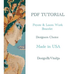 May include: PDF tutorial for a peyote and loom work bracelet. The image shows a colorful beaded bracelet with a woman's face design. The text "Designers Choice" and "Made in USA" are also visible.