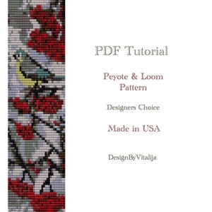 Pode incluir: Um tutorial em PDF para um padrão Peyote & Loom, apresentando um design de contas de um pássaro empoleirado em um galho com bagas vermelhas. O texto "DesignByVitalija" está na parte inferior da imagem.