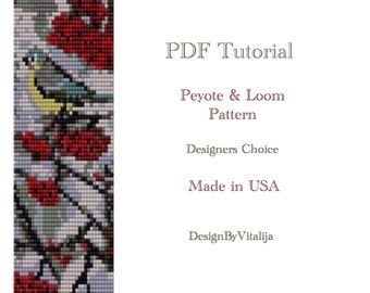 Peyote Beaded Tutorial Loom Work Beaded Bracelet Winter Bird and Berries Pattern Bracelet Pattern Cuff Pattern PDF Tutorial Digital