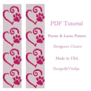 Op de afbeelding: Een PDF-tutorial voor het maken van een kralenarmband met een hart- en pootprintontwerp. De tutorial bevat zowel peyote- als weefpatronen. De tekst "DesignByVitalija" is ook in de afbeelding opgenomen.