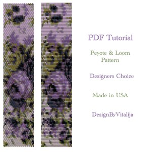 May include: A PDF tutorial for a peyote and loom beading pattern called "Designers Choice". The pattern features a floral design with purple, green, and white beads. The tutorial is made in the USA and designed by Vitalija.