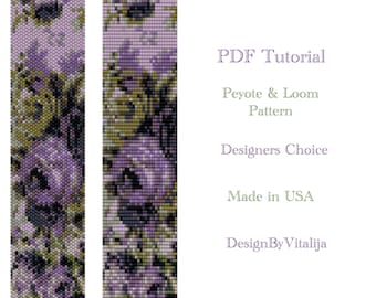 May include: A PDF tutorial for a peyote and loom beading pattern called "Designers Choice". The pattern features a floral design with purple, green, and white beads. The tutorial is made in the USA and designed by Vitalija.