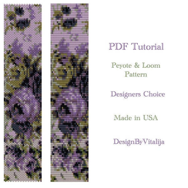 Rose Pattern Peyote And Loom Bracelet Digital Tutorial Purple Rose Cuff