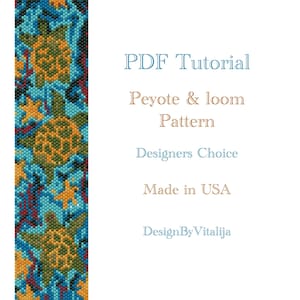 May include: A beaded pattern featuring multiple sea turtles in shades of green, yellow, and blue. The pattern is surrounded by a blue background with red, yellow, and white accents. The text "PDF Tutorial Peyote & loom Pattern Designers Choice Made in USA DesignByVitalija" is displayed below the pattern.