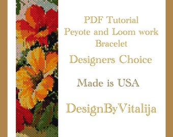 PDF Tutorial, Peyote and Loom Work pattern, Beaded Bracelet, Hibiscus Design Instant Download