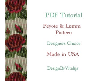 Instant Download Beading Pattern Peyote stitch Loom Work Pattern  Red Roses Pattern Seed Bead Cuff