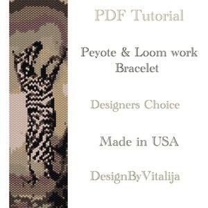 May include: A PDF tutorial for a peyote and loom work bracelet. The image shows a beaded bracelet with a zebra design. The text "PDF Tutorial", "Peyote & Loom work Bracelet", "Designers Choice", "Made in USA", and "Design By Vitalija" is visible on the image.