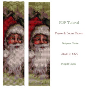 Könnte beinhalten: Ein Perlenmuster für ein Lesezeichen mit dem Weihnachtsmann. Das Muster ist für Peyote- und Webperlen geeignet. Das Muster ist als PDF-Download erhältlich. Der Text auf dem Bild lautet "PDF Tutorial", "Peyote & Loom Pattern", "Designers Choice", "Made in USA" und "DesignByVitalija".