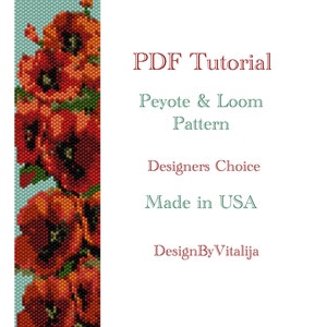 Op de afbeelding: Een PDF-tutorial voor het maken van een geborduurde klaproos met behulp van peyote- en weeftechnieken. De tutorial is van Designers Choice en is gemaakt in de VS. De afbeelding toont een close-up van de geborduurde klaproos.