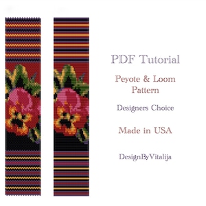 Peut inclure: Un tutoriel PDF pour la création d'un bracelet en perles avec un motif floral. Le tutoriel comprend des instructions pour les techniques de tissage en peyote et au métier à tisser. Le bracelet présente un schéma de couleurs rouge, jaune, noir et vert. Le texte sur l'image indique "Tutoriel PDF, Motif Peyote & Métier à tisser, Choix des designers, Fabriqué aux États-Unis, DesignByVitalija."