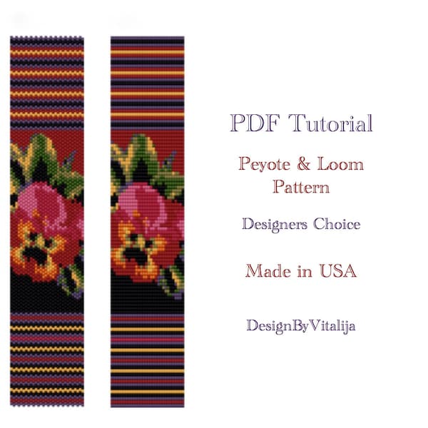 Peyote Beaded Tutorial Loom Work  Beaded Bracelet Pansy Flower Pattern Bracelet Pattern Cuff Pattern PDF Tutorial Digital