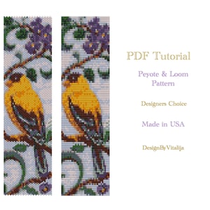 May include: A PDF tutorial for a peyote and loom beading pattern featuring a yellow bird with black and blue markings perched on a branch with purple flowers. The text "PDF Tutorial", "Peyote & Loom Pattern", "Designers Choice", "Made in USA", and "DesignByVitalija" is visible.