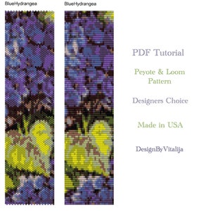Puede incluir: Un tutorial en PDF para crear un brazalete de cuentas con un diseño de hortensia azul. El tutorial incluye instrucciones para las técnicas de abalorios peyote y loom. El diseño está etiquetado como "Designers Choice" y "Made in USA".